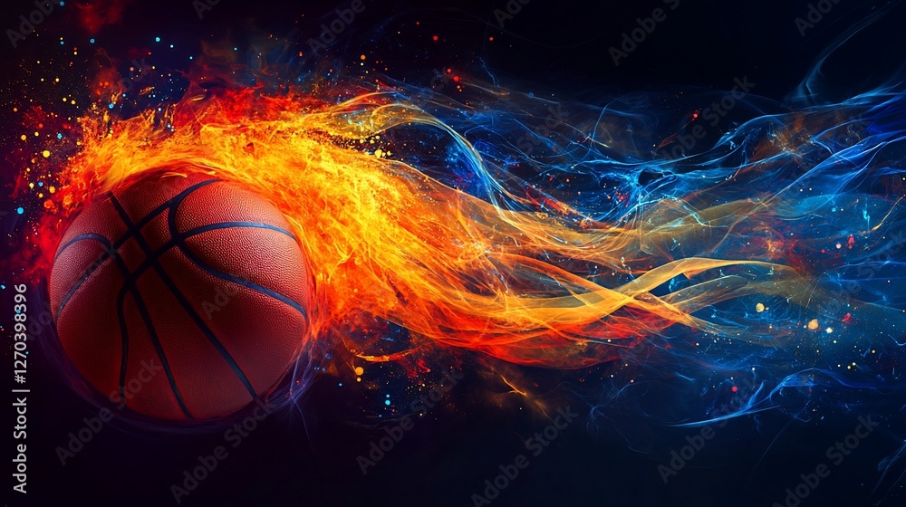 Fiery Basketball with Dynamic Energy Trails, Vibrant Colors, and Cosmic Effects