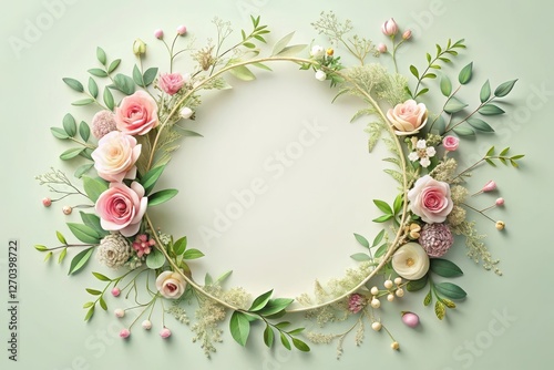 Pastel Pink Roses and Delicate Greenery Arranged in a Circular Frame on a Pale Green Background
