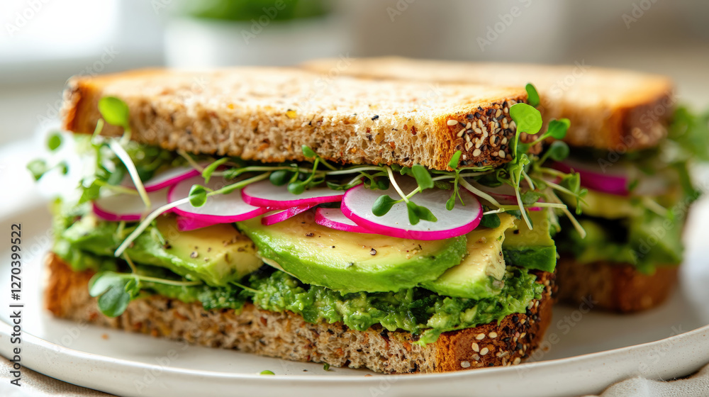 clean and modern presentation of vegan sandwich featuring whole grain bread, fresh avocado, radishes, and sprouts, perfect for healthy meal clean and modern presentation of vegan sandwich featuring whole grain bread, fresh avocado, radishes, and sprouts, perfect for healthy meal