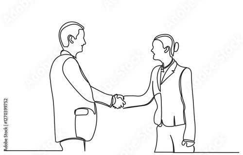 continuous line drawing of Happy confident business partners men shaking hands. Line art vector business people are meeting and shaking their hands to deal with a contract. concept of Trust agreement 