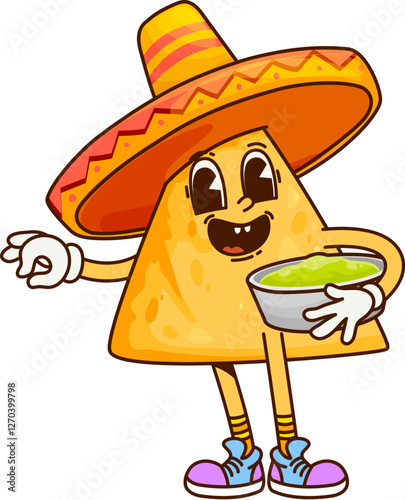 Groovy Mexican nacho chip with guacamole sauce in sombrero hat, vector cartoon character. Funny funky nacho chip with silly face and avocado guacamole salsa for snack food character of package design