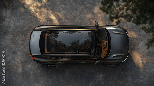 A black car with a sunroof is parked on a gravel road. The car is parked in the shade of a tree