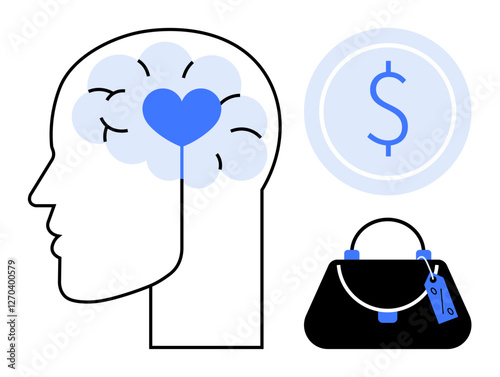 Human head with brain and heart, dollar symbol inside a coin, and a fashionable handbag. Ideal for psychology, finance, emotion, wealth, fashion, mind and decision-making abstract line flat metaphor