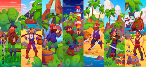 Cartoon pirate characters collage featuring maritime narrative with adventurous buccaneers with swords, treasure chests, rum barrels and tropical backdrops, shipwrecks, lighthouses and palm trees