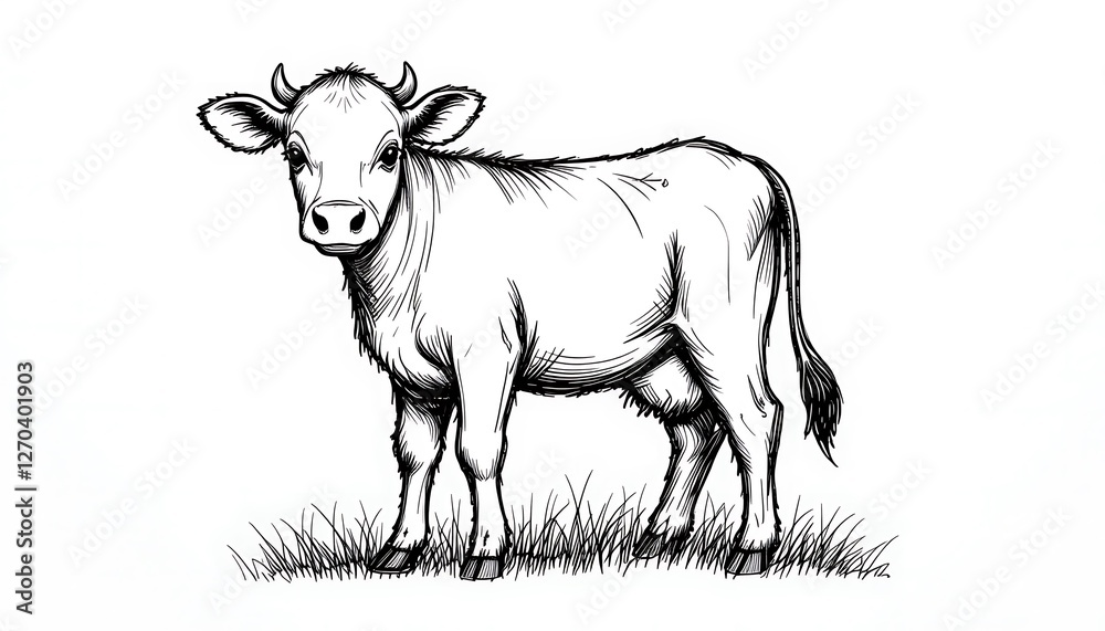 Fototapeta premium Black and white illustration of a young calf standing in the grass, detailed drawing of a cute cow, farm animal artwork