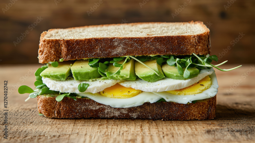 delicious sandwich featuring layers of egg, avocado, and sprouts on whole grain bread, perfect for cozy lunch delicious sandwich featuring layers of egg, avocado, and sprouts on whole grain bread, perfect for cozy lunch
