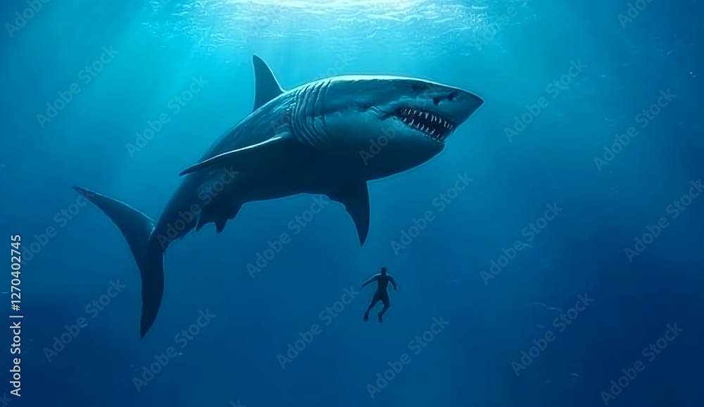 Fototapeta premium A lone diver faces a colossal great white shark in the deep ocean. Breathtaking!