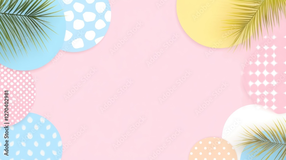 Pastel circles, palm leaves, pink background, summer design, social media Pastel circles, palm leaves, pink background, summer design, social media