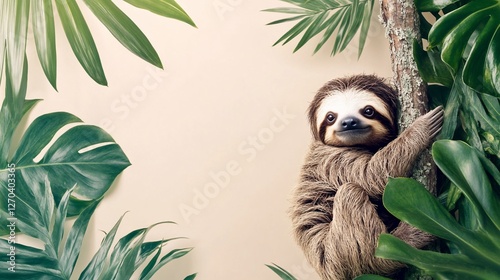 Cute sloth clinging to a tree trunk surrounded by lush green leaves against light background photo