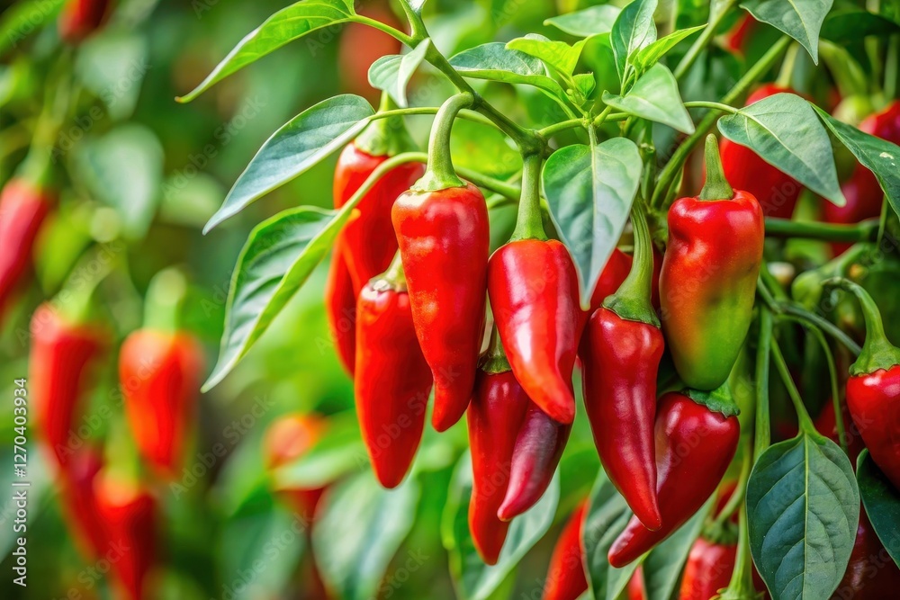 Vibrant Red Chili Peppers Growing on a Lush Green Plant in a Cultivated Field Vibrant Red Chili Peppers Growing on a Lush Green Plant in a Cultivated Field