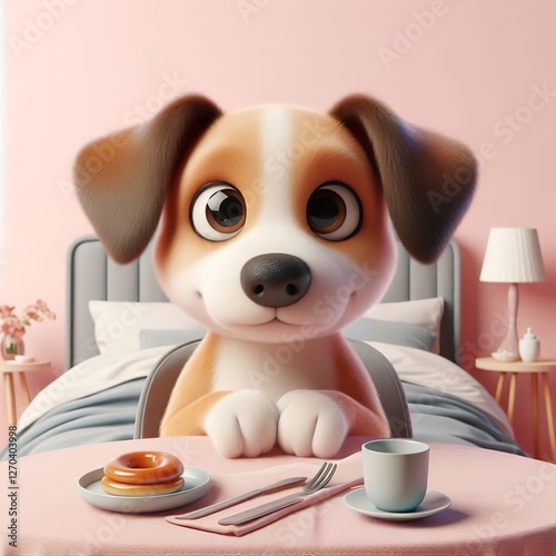 Dog on the bed concept with breakfast food 3d render digital illustration cute pet animal