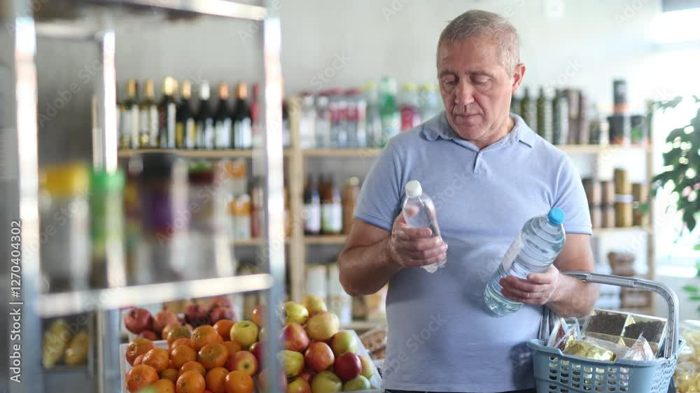 Elderly man buyer chooses water in bottle in grocery store Elderly man buyer chooses water in bottle in grocery store