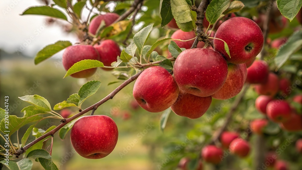 A Bounty of Red Apples on Branch: A close-up shot showcases a cluster of ripe, red apples hanging from a tree branch, creating a vivid display of nature's harvest. A Bounty of Red Apples on Branch: A close-up shot showcases a cluster of ripe, red apples hanging from a tree branch, creating a vivid display of nature's harvest.
