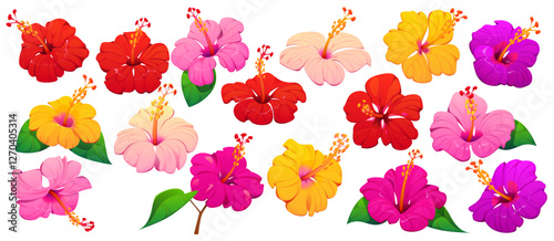 Tropical Hawaii hibiscus flowers, tropical plant blossom buds in red, pink, yellow and purple shades with lush green leaves, delicate petals and stamens, evoking vibes of summer and exotic beach
