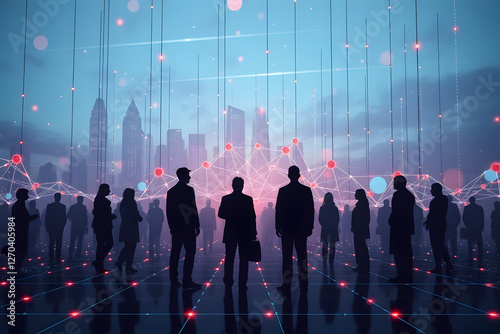 Silhouettes of business professionals standing in a futuristic cityscape with a digital network overlay. The background features skyscrapers and a glowing grid, symbolizing technology and connectivity