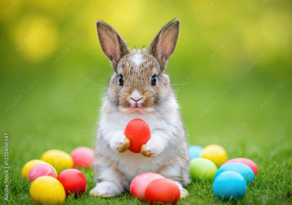 Fototapeta premium Adorable bunny with colorful easter eggs on green grass.