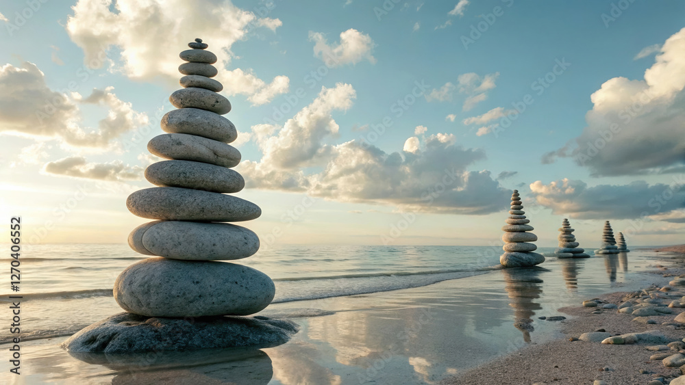 Obraz premium Balanced stones create serene scene by beach at sunset