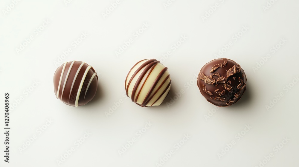 Obraz premium Three assorted chocolate truffles on white. Perfect for Valentine's, dessert, or chocolate themes.