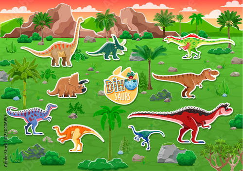 Prehistoric dinosaur characters stickers pack. Funny jurassic reptiles and baby dino in eggshell vector background. Cartoon brachiosaurus, tyrannosaurus rex and triceratops dinosaurs stickers set