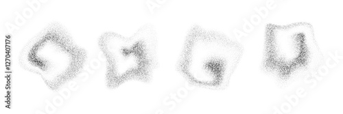 Fluid dotted gradient drop shapes. Grainy spray spots and stains. Black stippled liquid object set. Noise splashes and splatters forms. Dissolving sand dust texture. Vector fading halfton elements