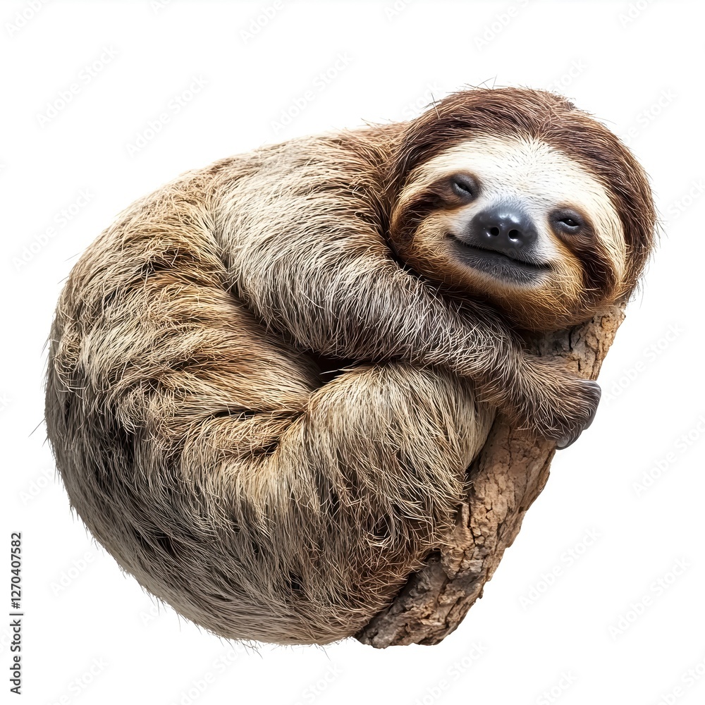 Naklejka premium Adorable Sloth Resting Peacefully on a Branch with a Gentle Smile on a White Background