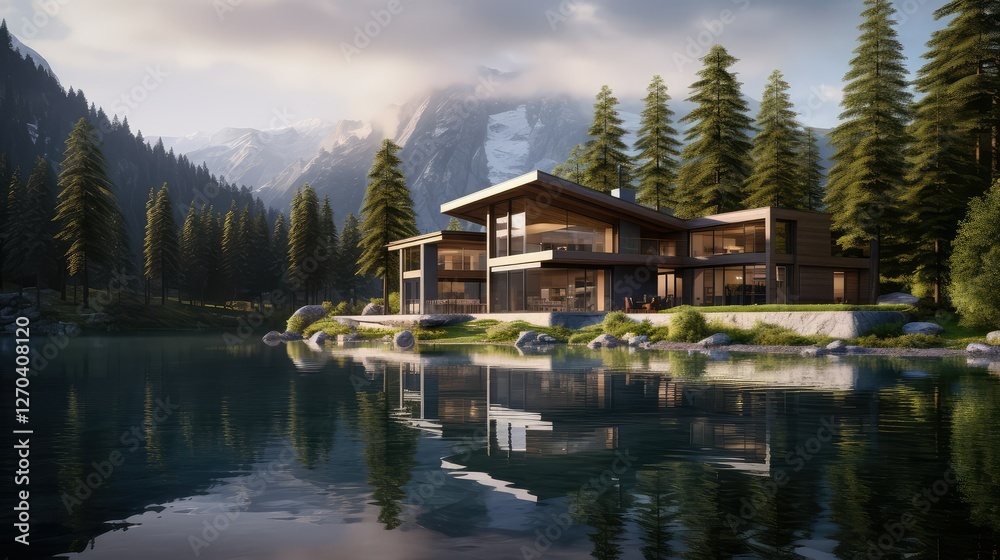 Fototapeta premium lake house with mountains