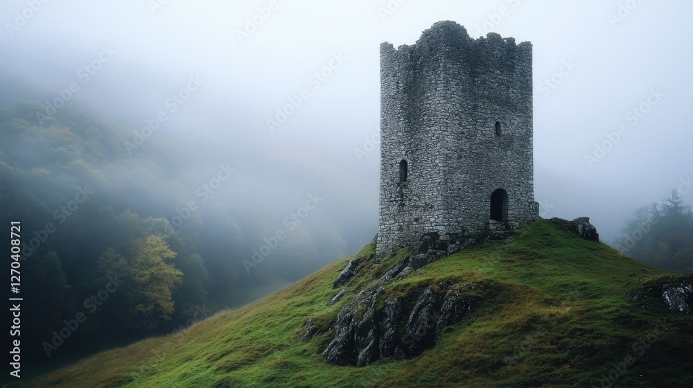 Enigmatic Ancient Stone Tower: A Sentinel of History in a Misty Medieval Landscape Enigmatic Ancient Stone Tower: A Sentinel of History in a Misty Medieval Landscape