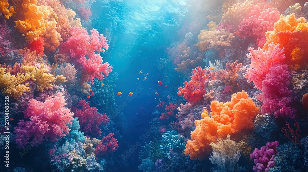Aerial view of a vibrant coral reef with colorful marine life Aerial view of a vibrant coral reef with colorful marine life