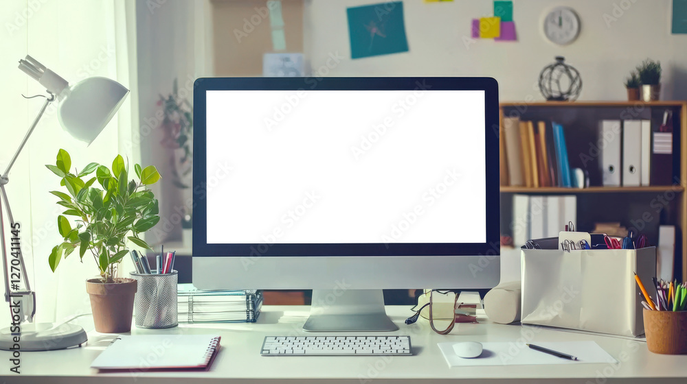 A mockup of a personal computer screen. The computer monitor is on the desk in the business office. Presentation of the website. There are books, a keyboard and a mouse on the table A mockup of a personal computer screen. The computer monitor is on the desk in the business office. Presentation of the website. There are books, a keyboard and a mouse on the table