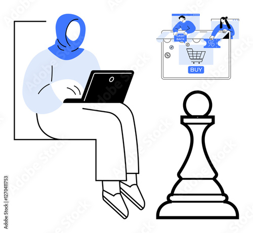 Woman wearing a hijab using a laptop, images of online shopping elements with cart and cashback, large chess pawn. Ideal for e-commerce, online shopping, marketing strategy, finance, technology