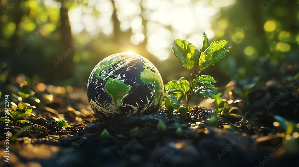 Globe on Green Grass Surrounded by Plants, Celebrating Earth Day Globe on Green Grass Surrounded by Plants, Celebrating Earth Day