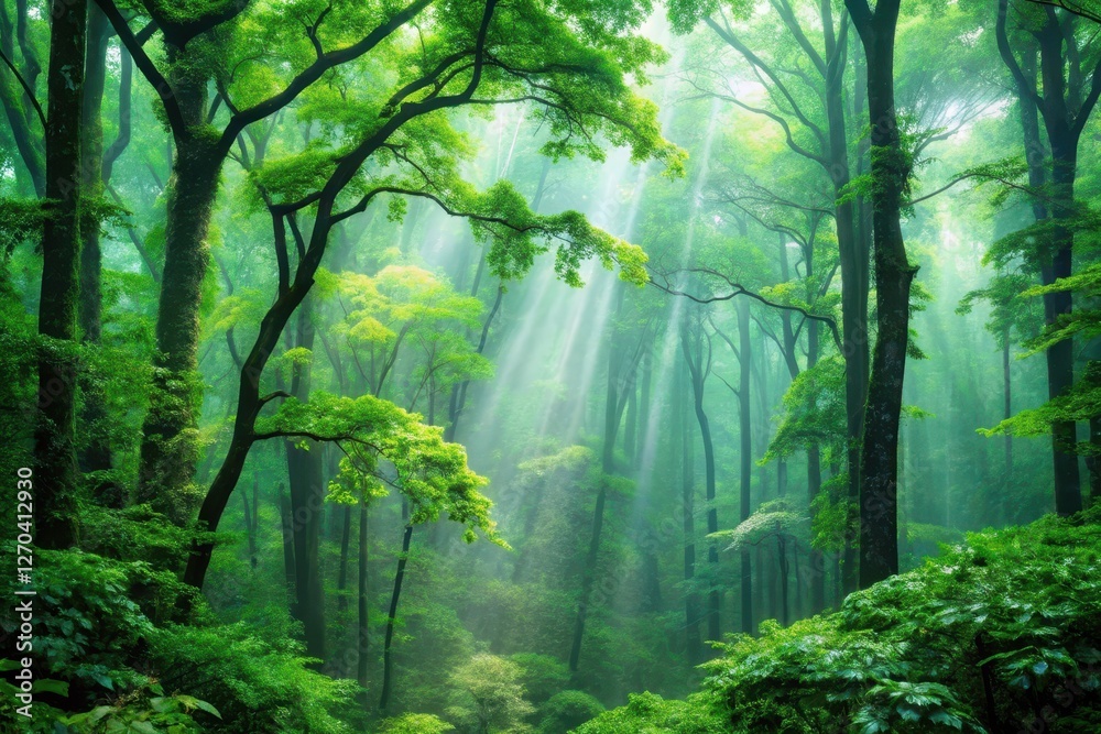 Sunbeams Illuminate a Verdant Forest Canopy, Creating a Mystical and Serene Atmosphere Sunbeams Illuminate a Verdant Forest Canopy, Creating a Mystical and Serene Atmosphere