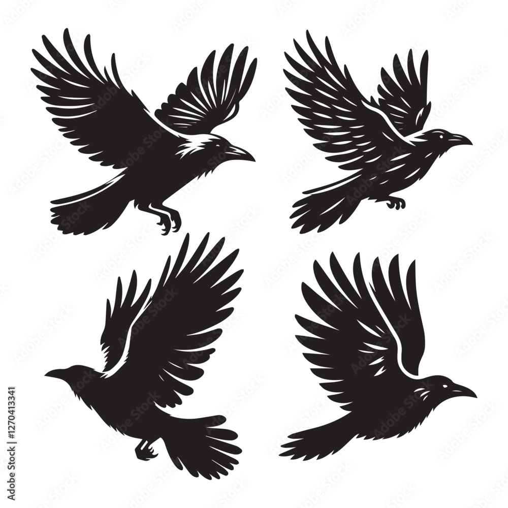 High-Quality Flying Common Raven Vector Illustrations Black Silhouette Isolated on White Background High-Quality Flying Common Raven Vector Illustrations Black Silhouette Isolated on White Background