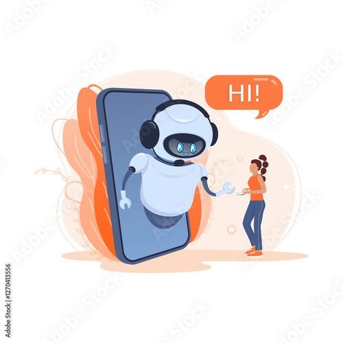 Friendly robot assistant emerges from a smartphone, offering help to a woman.  