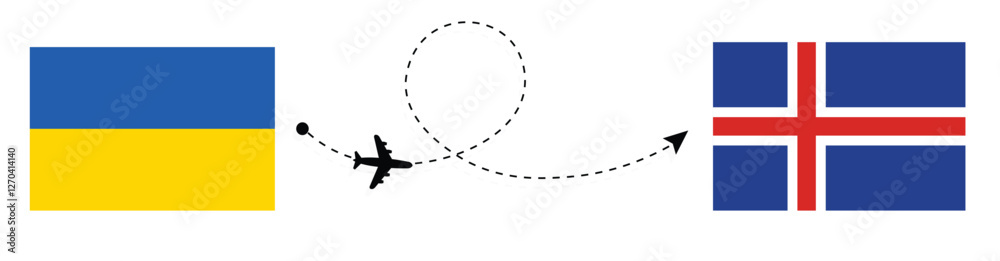 Ukraine to Iceland Flight Travel by Air. Kyiv to Reykjavik Flight Travel Concept Vector Art. Ukraine and Iceland Flags Together. Ukraine to Iceland Flight Travel by Air. Kyiv to Reykjavik Flight Travel Concept Vector Art. Ukraine and Iceland Flags Together.