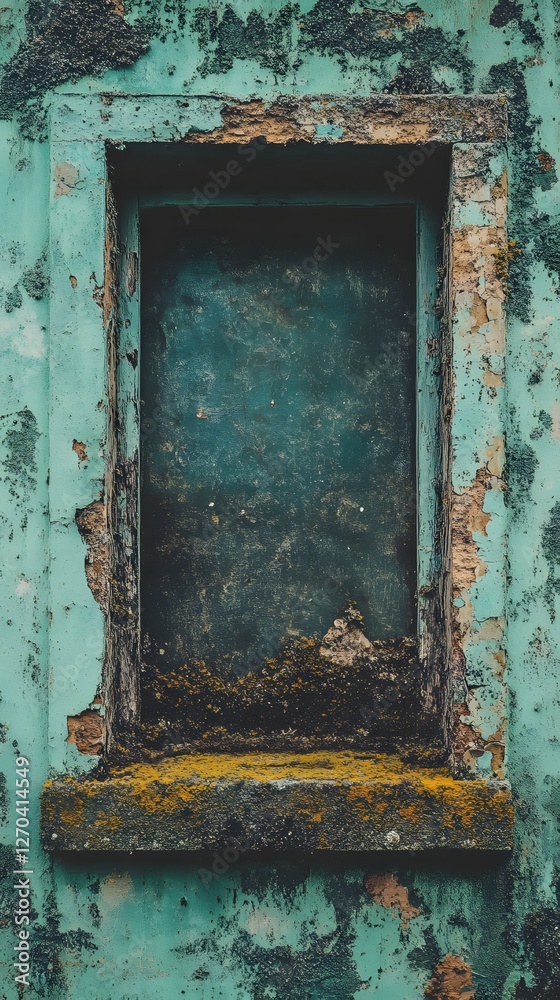 Naklejka premium Abandoned Window Frame with Weathered Paint and Moss Covered Ledge Evoking Decay and Mystery