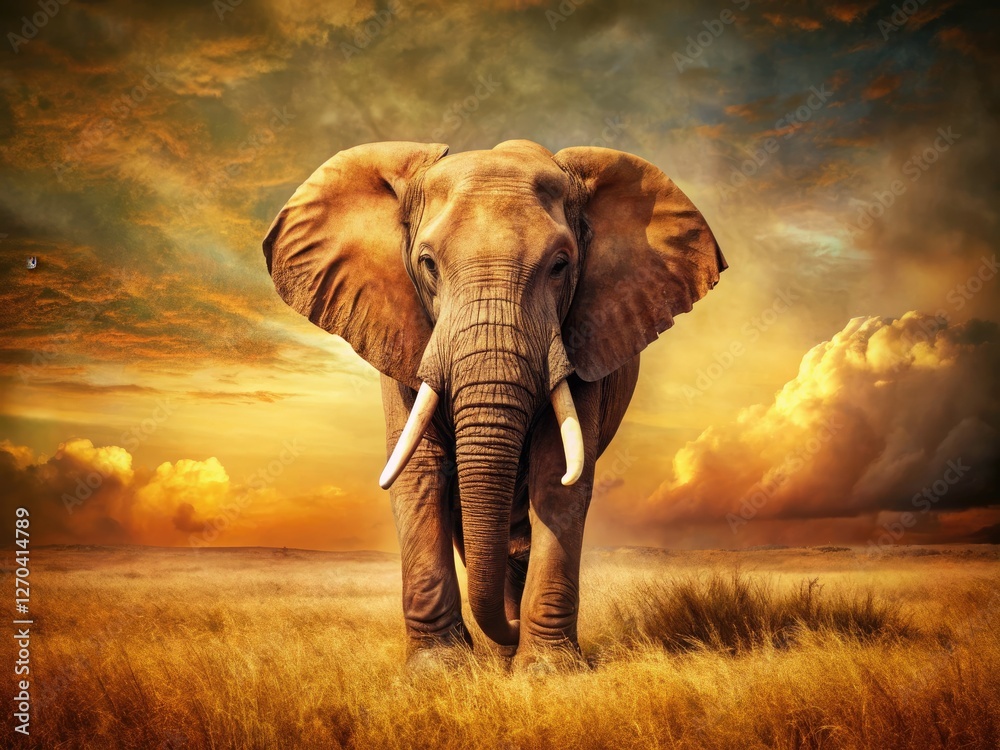 Fototapeta premium Classic retro wildlife photo: A majestic vintage bull elephant, showcasing African wilderness.