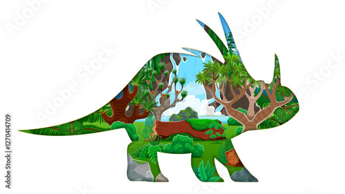 Paper cut dinosaur silhouette with prehistoric landscape inside. Jurassic styracosaurus dino animal vector 3d paper cut silhouette with cartoon jungle forest landscape of tropical trees and waterfall