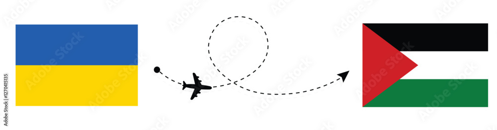 Ukraine to Palestine Flight Travel by Air. Kyiv to Ramallah Flight Travel Concept Vector Art. Ukraine and Palestine Flags Together. Ukraine to Palestine Flight Travel by Air. Kyiv to Ramallah Flight Travel Concept Vector Art. Ukraine and Palestine Flags Together.