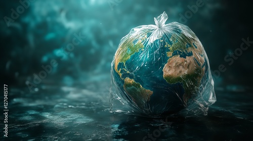 Earth Wrapped in Plastic Bag, Highlighting Environmental Issues and Celebrating Earth Day photo