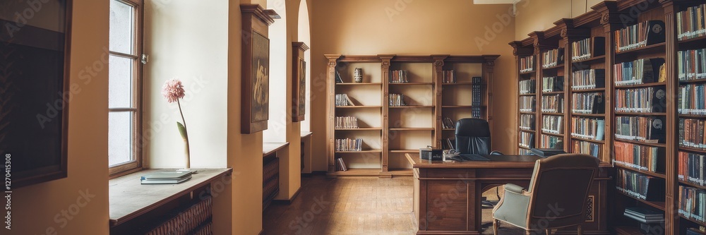 Elegant library room features bookshelves desk and natural lighting Elegant library room features bookshelves desk and natural lighting