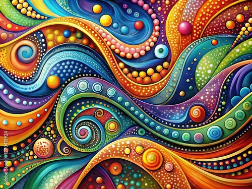 Abstract Curvy Lines and Dots, Vibrant Swirls, Colorful Painting Art, Digital Stock Photo