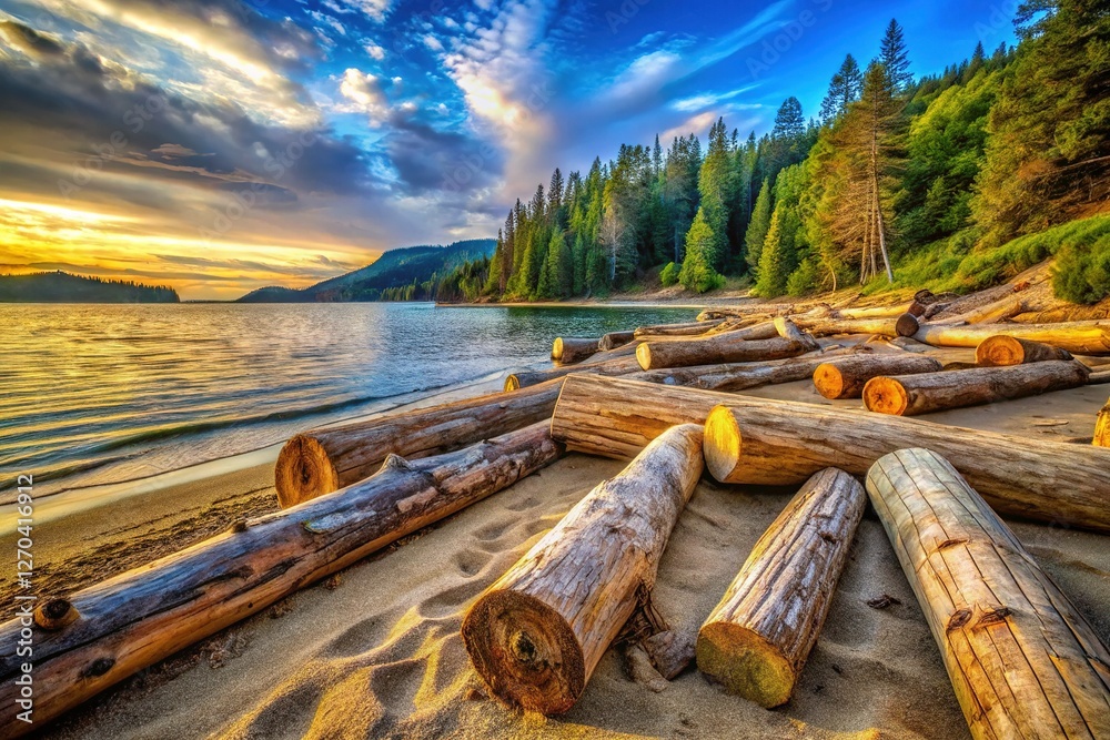 Giant Lake Logs: Weathered Wood on Sandy Shore Stock Photo Giant Lake Logs: Weathered Wood on Sandy Shore Stock Photo