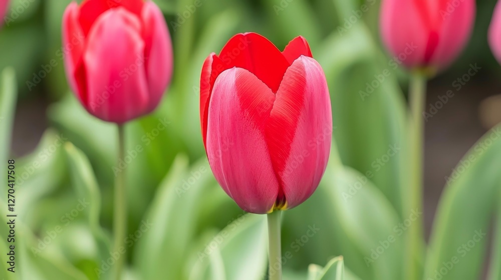 Fototapeta premium Vibrant Red Tulip Blossoms Surrounded by Lush Green Leaves in a Fresh Spring Garden Setting