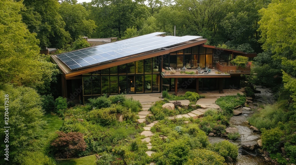 Modern house with solar panels surrounded by lush greenery and a serene landscape, blending architecture with nature. Modern house with solar panels surrounded by lush greenery and a serene landscape, blending architecture with nature.