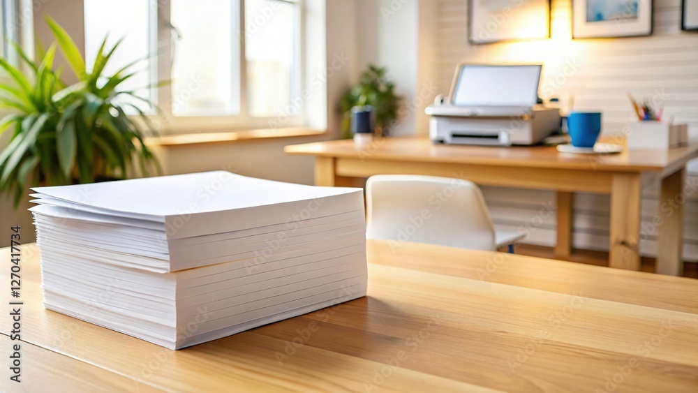 Fototapeta premium Stack of Blank White Paper Sheets Ready for Printing, Drawing, or Crafting - Office, School, Home