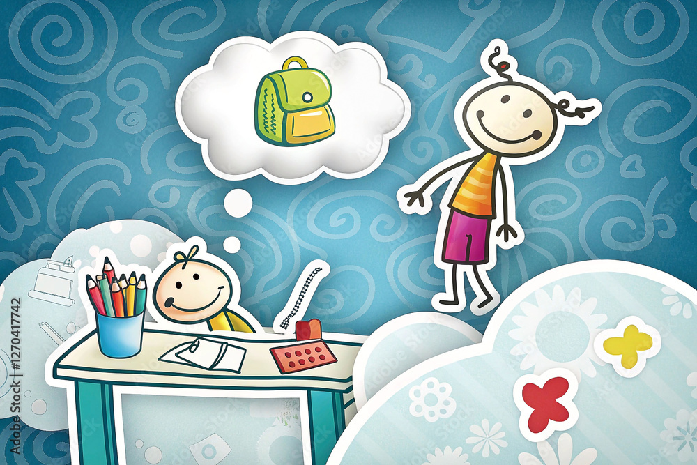 Fototapeta premium Child dreaming of school backpack at desk; abstract background