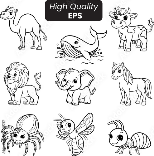 Black and White Vector Animal Coloring Page - Camel, Whale, Cow, Lion, Elephant, Horse, Spider, Bee, Ant (EPS)