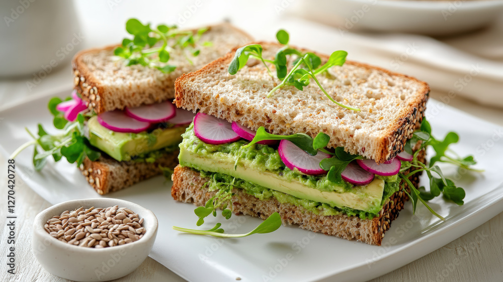 Fresh avocado sandwich with radish and microgreens on whole grain bread Fresh avocado sandwich with radish and microgreens on whole grain bread