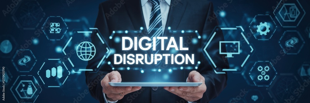 Naklejka premium Man holding a tablet displaying the words digital disruption